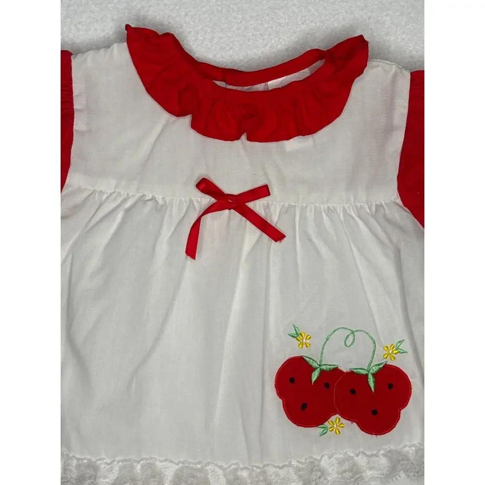 Vintage 1990s Cherry Embroidered Baby Outfit Bloomer Set 6–9M
